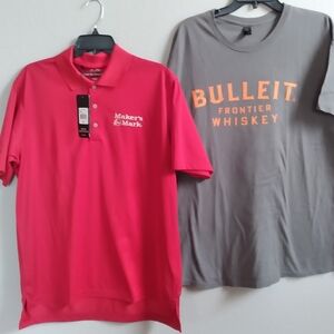 NWT Adidas Med Red Makers Mark Golf Polo Shirt. XL Bulleit Grey Tshirt. MM Bag.